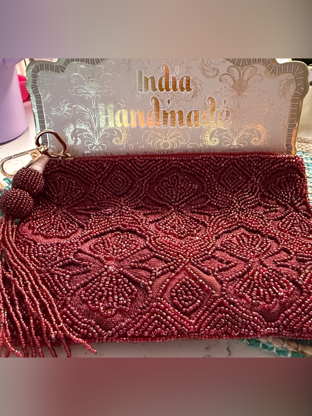 🌻NEW🌻Beaded Tassel Clutch Bag in Deep Burgundy
